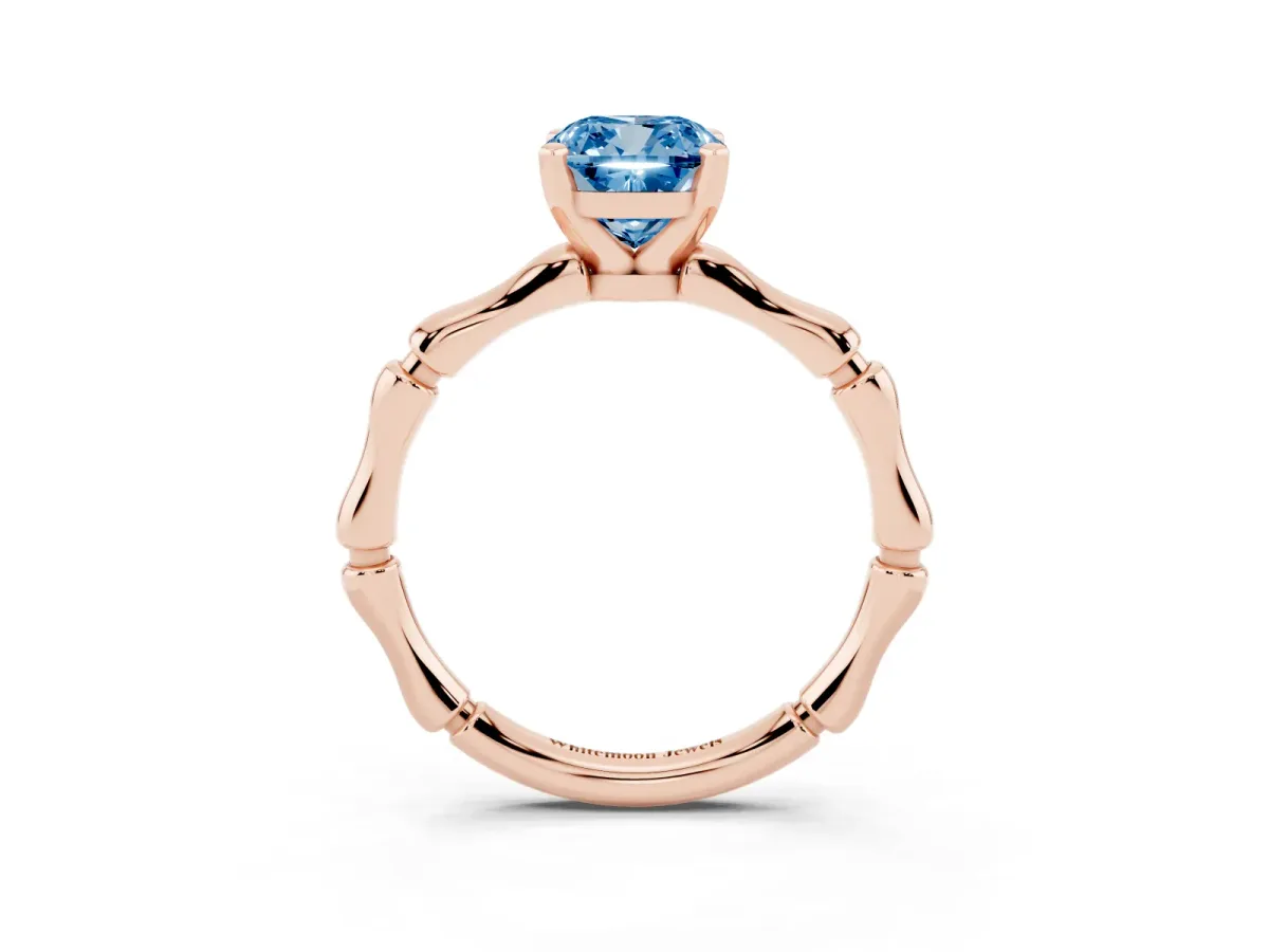 Fancy Blue Cushion Cut Solitaire Diamond Ring with Bamboo Band and Four-Prong Setting Rose gold