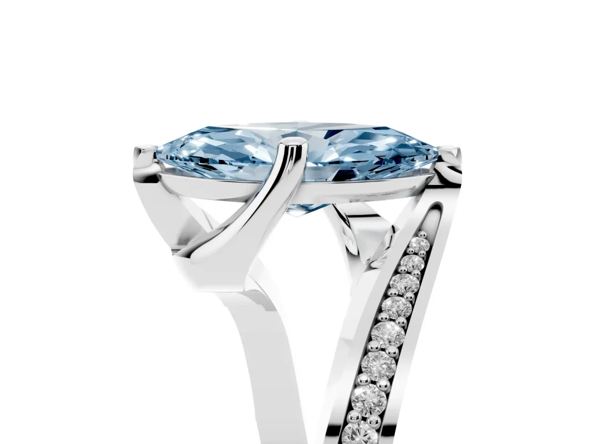 Fancy Blue Marquise Cut Solitaire Diamond Twist Band with Pavé Setting and Four-Prong Setting Silver