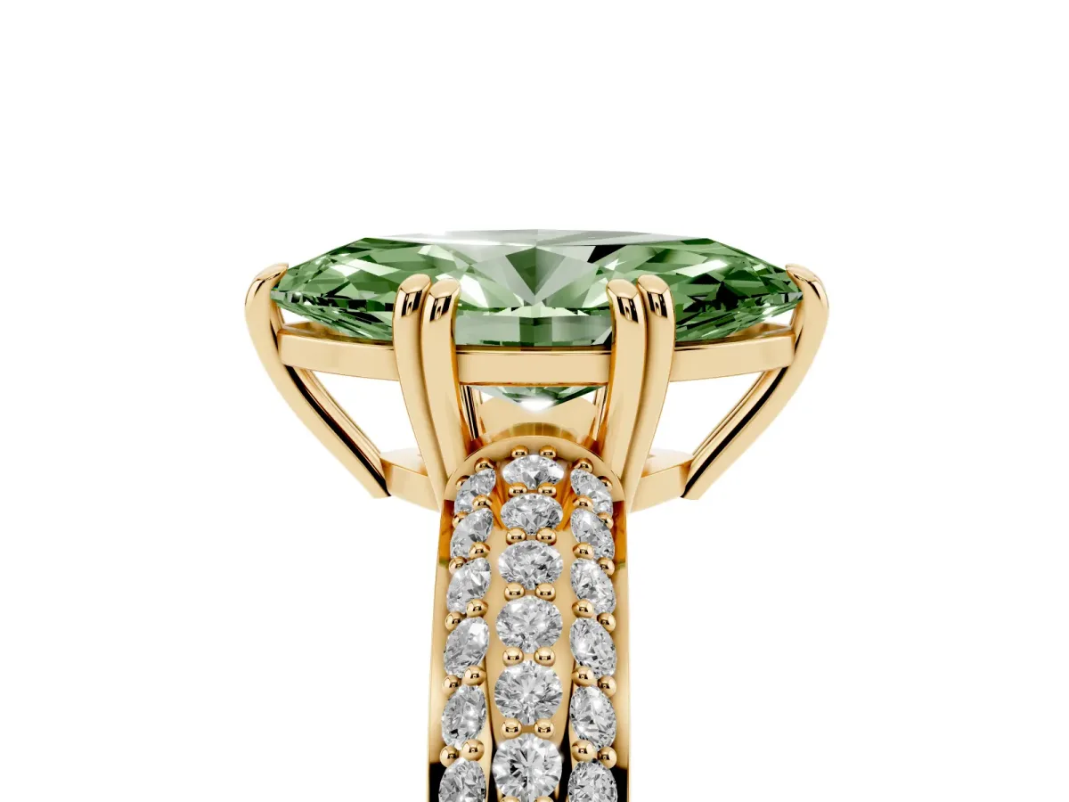 Fancy Green Marquise Cut Diamond Solitaire Ring with Multi-Row Round Pavé Band and Prong Setting Yellow gold
