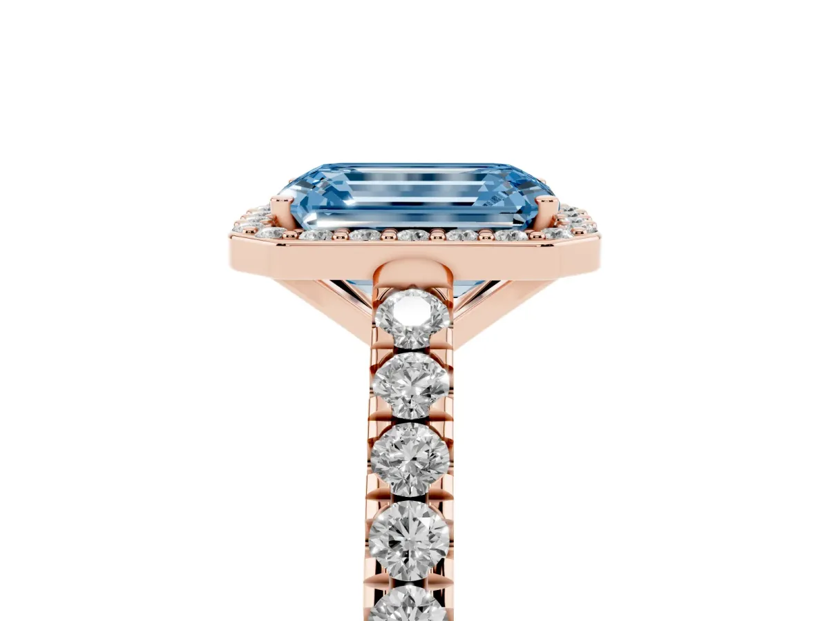 Fancy Blue Emerald Cut Cut Halo Diamond Engagement Ring with Pave Band and Four-Prong Setting Rose gold