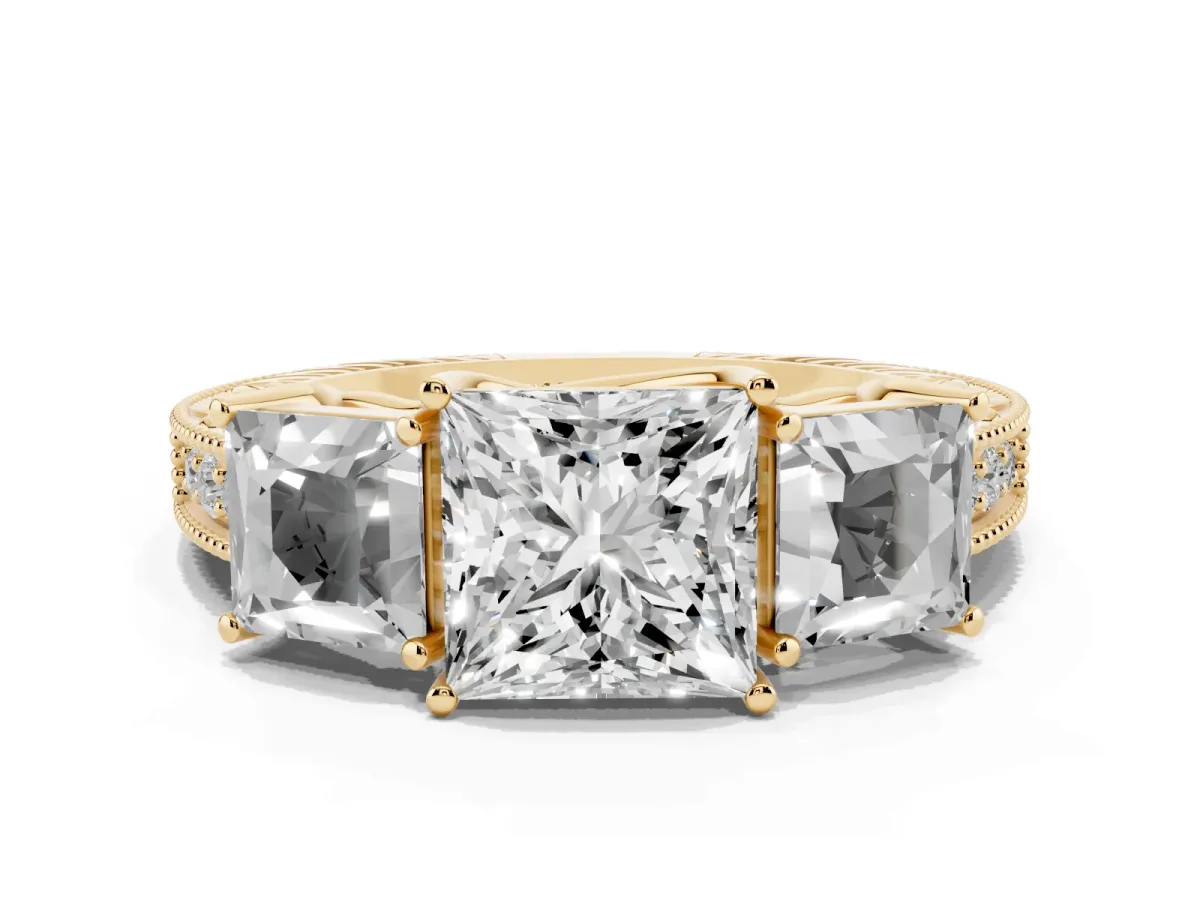 Three-Stone Princess Cut Cut Milgrain Pavé Engagement Ring Yellow gold
