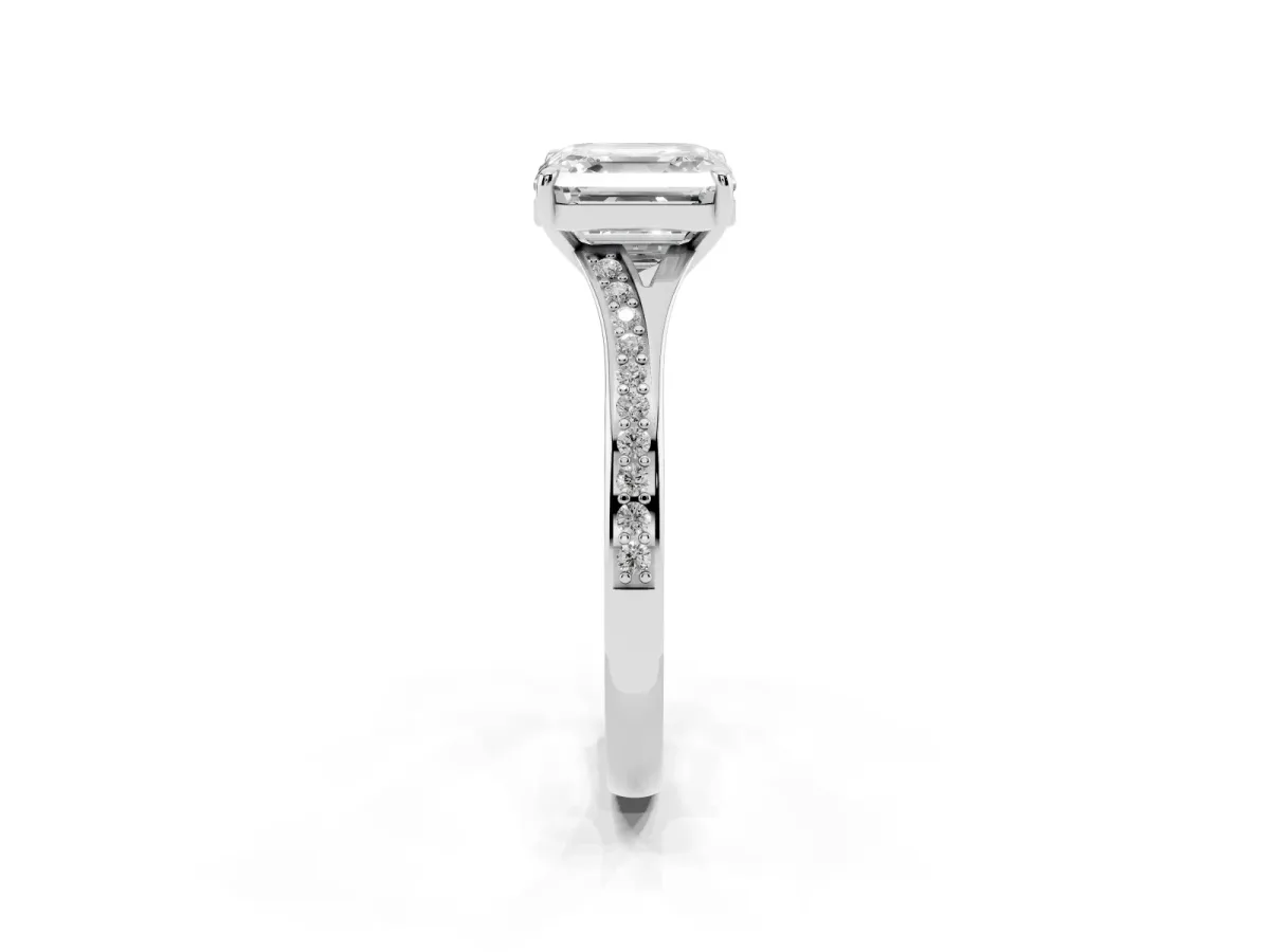 Asscher Cut Diamond Solitaire Ring with Pavé Band and Prong Setting Silver