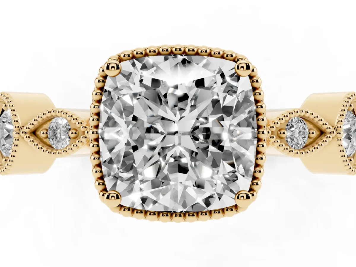 Cushion Cut Diamond Vintage Milgrain Ring with Round Stations Yellow gold