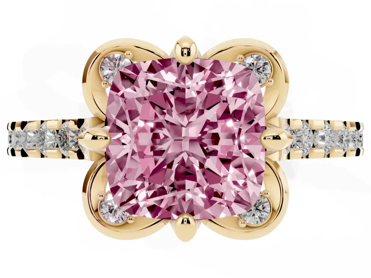 Fancy Pink Cushion Cut Diamond Ring with Pavé Band and Floral Prong Setting Yellow gold