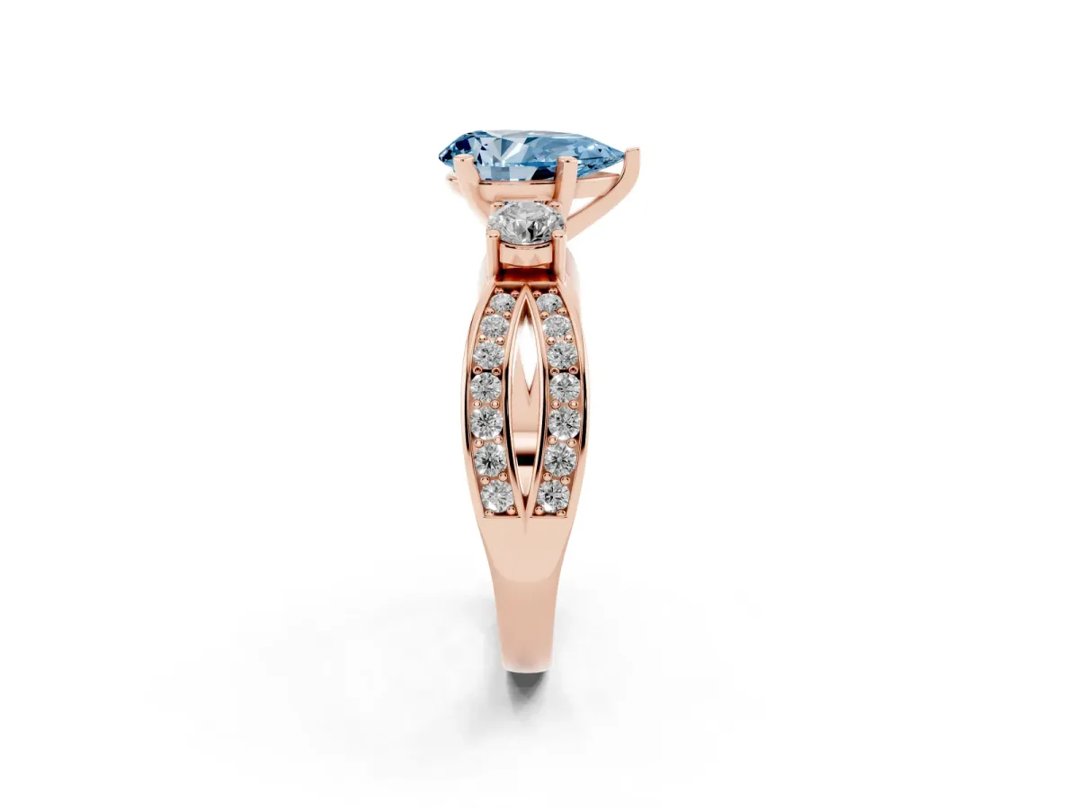 Fancy Blue Three-Stone Pear Cut Cut Diamond Twist Band with Prong Setting Rose gold