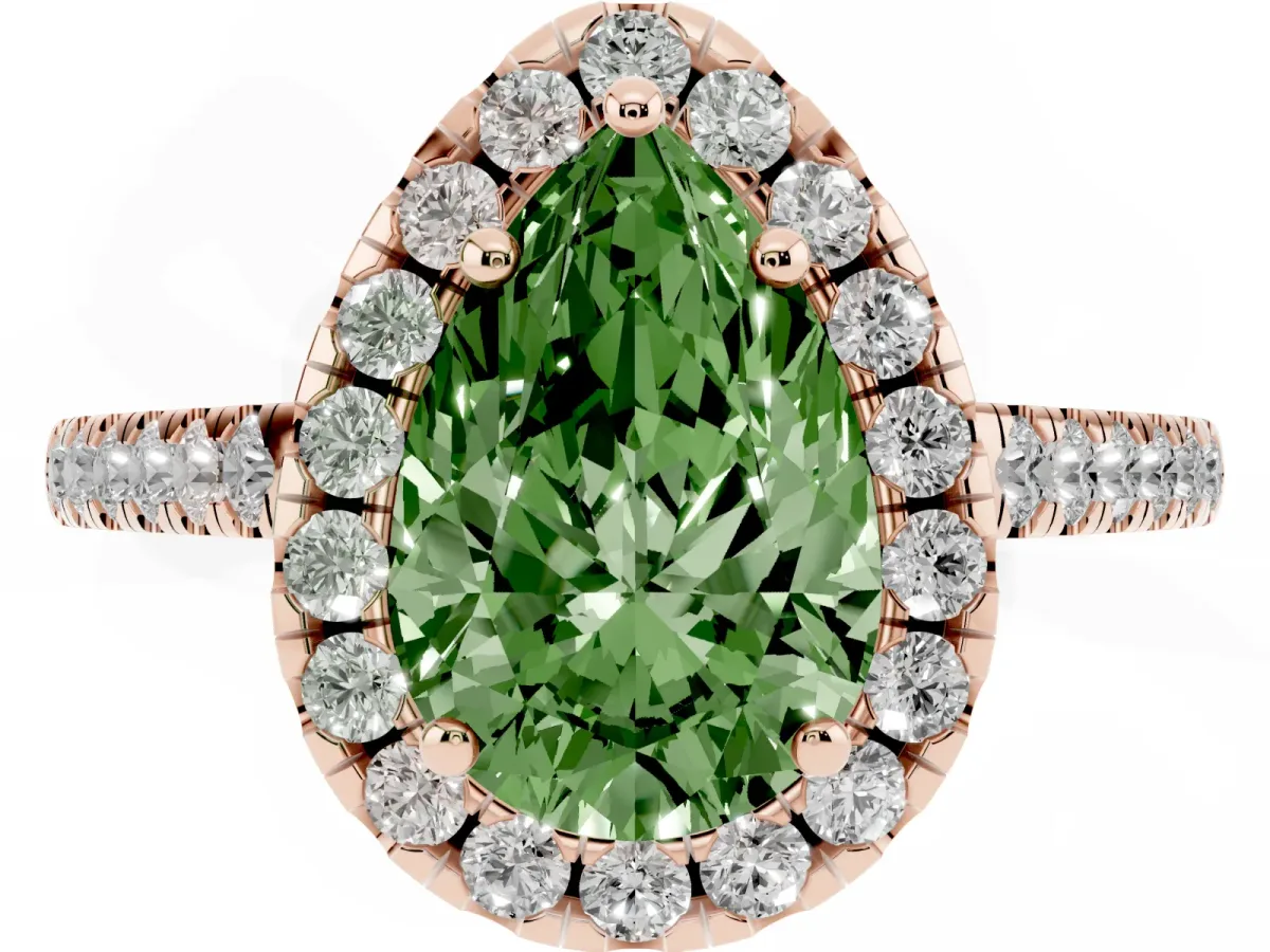 Fancy Green Pear Cut Halo Pavé Diamond Engagement Ring with Four-Prong Setting Rose gold