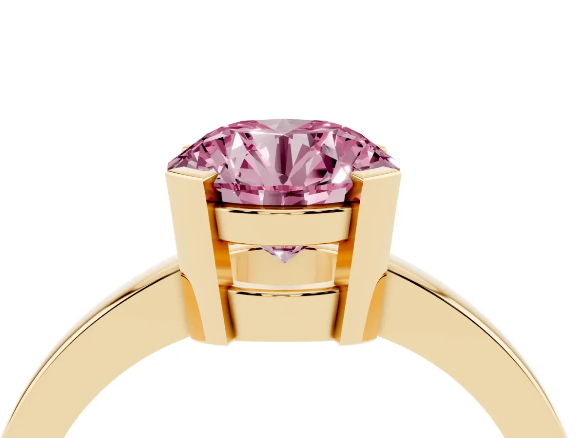 Fancy Pink Round Cut Cut Solitaire Ring with Four-Prong Setting and Classic Band Yellow gold