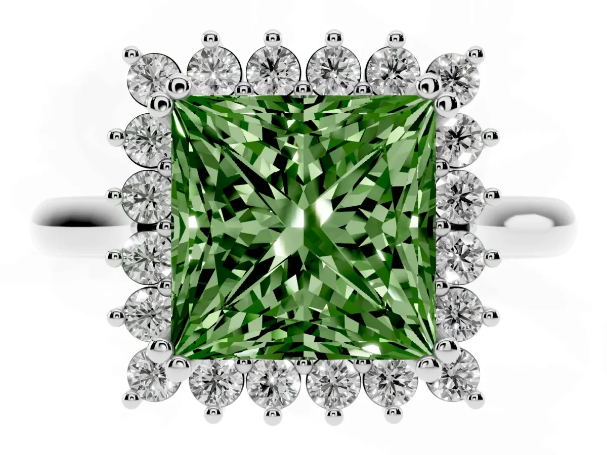 Fancy Green Princess Cut Cut Diamond Halo Ring with Solitaire Band and Prong Setting Silver
