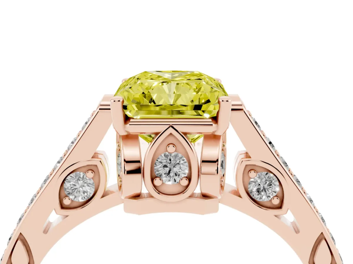 Fancy Yellow Radiant Cut Cut Cathedral Pave Diamond Engagement Ring with Six-Prong Setting Rose gold