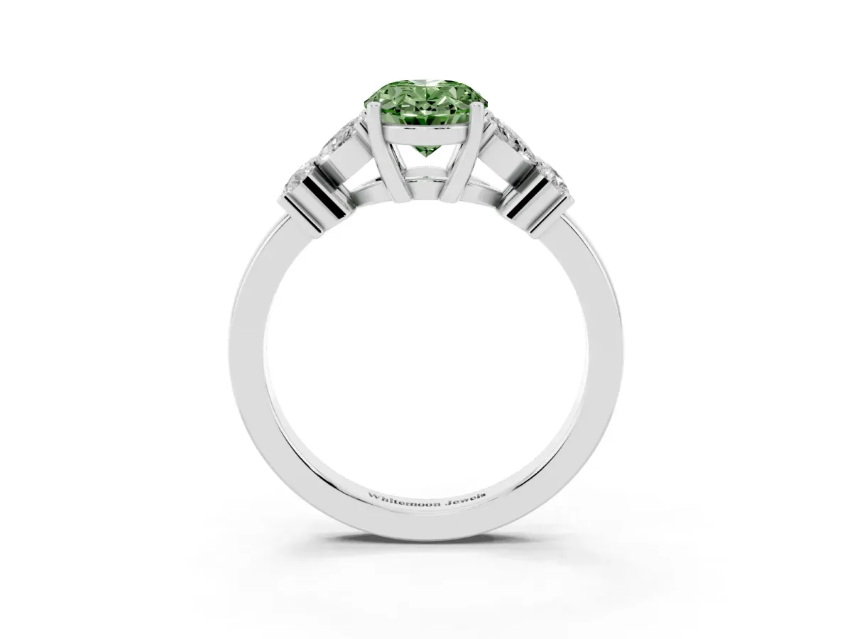 Fancy Green Oval Cut Diamond Floral Cluster Ring with Solitaire Band and Prong Setting White gold