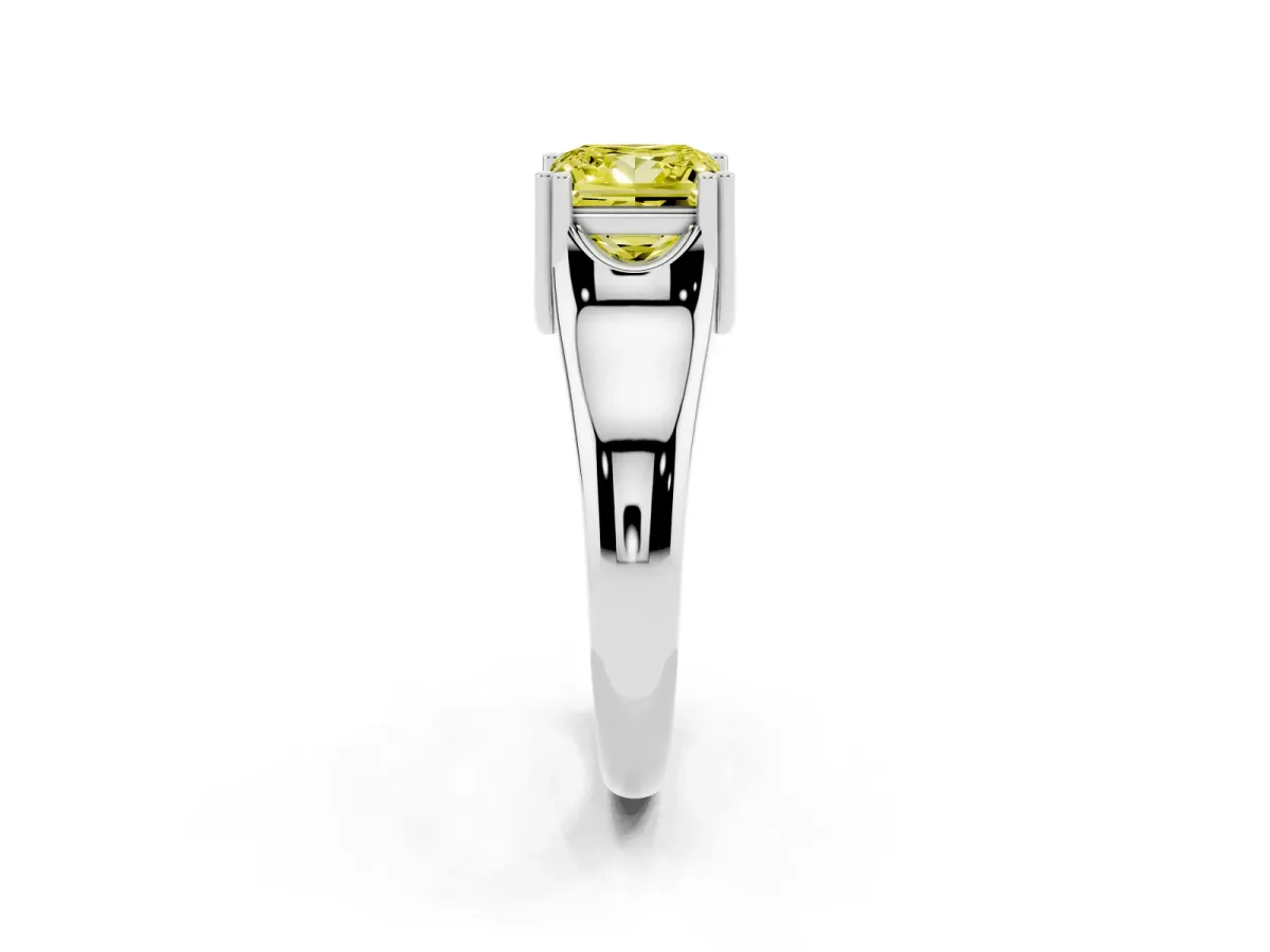 Fancy Yellow Princess Cut Diamond Solitaire Ring with Wide Band and Prong Setting Platinum