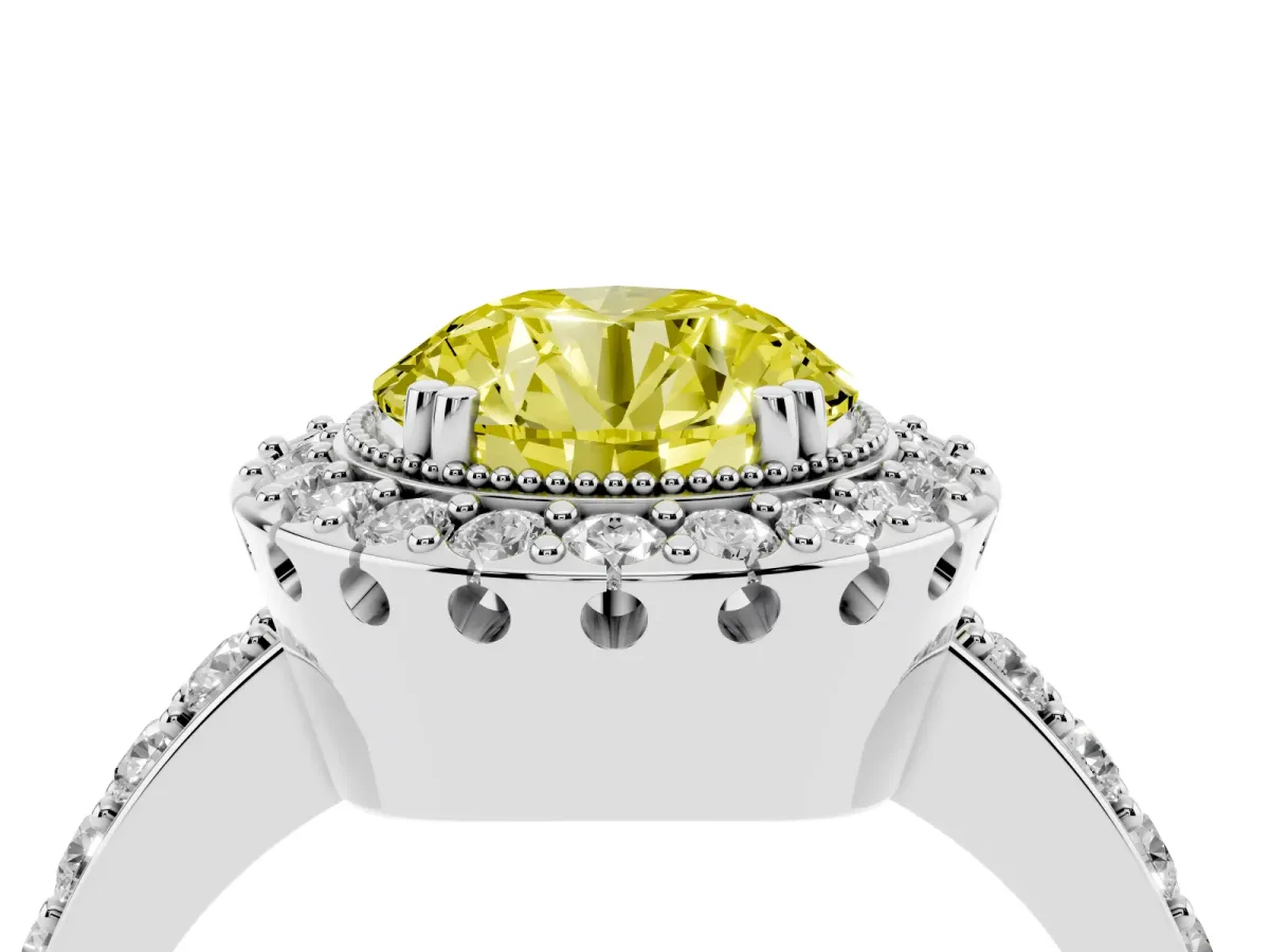 Fancy Yellow Round Cut Diamond Halo Ring with Pavé Band and Prong Setting Silver