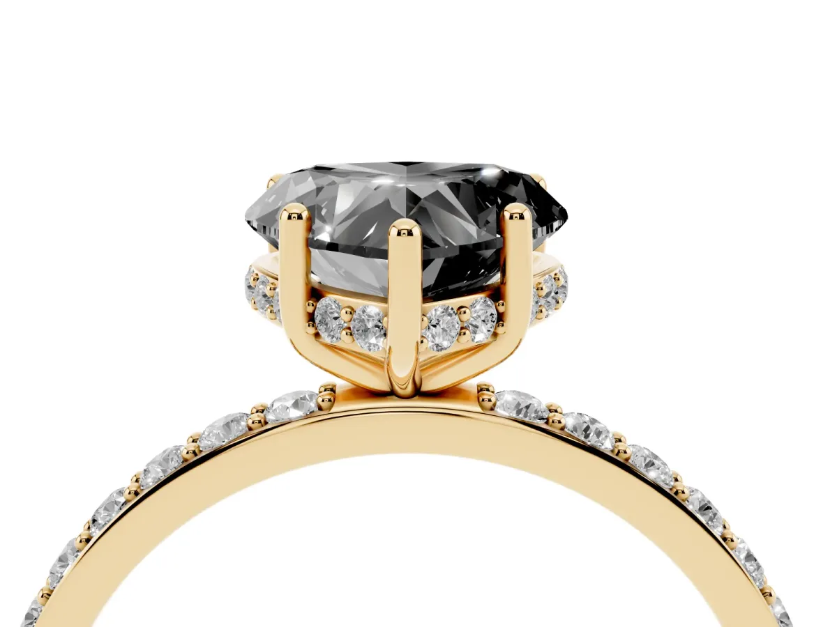 Fancy Black Heart Cut Diamond Solitaire Ring with Pavé Band and Hidden Halo Yellow gold