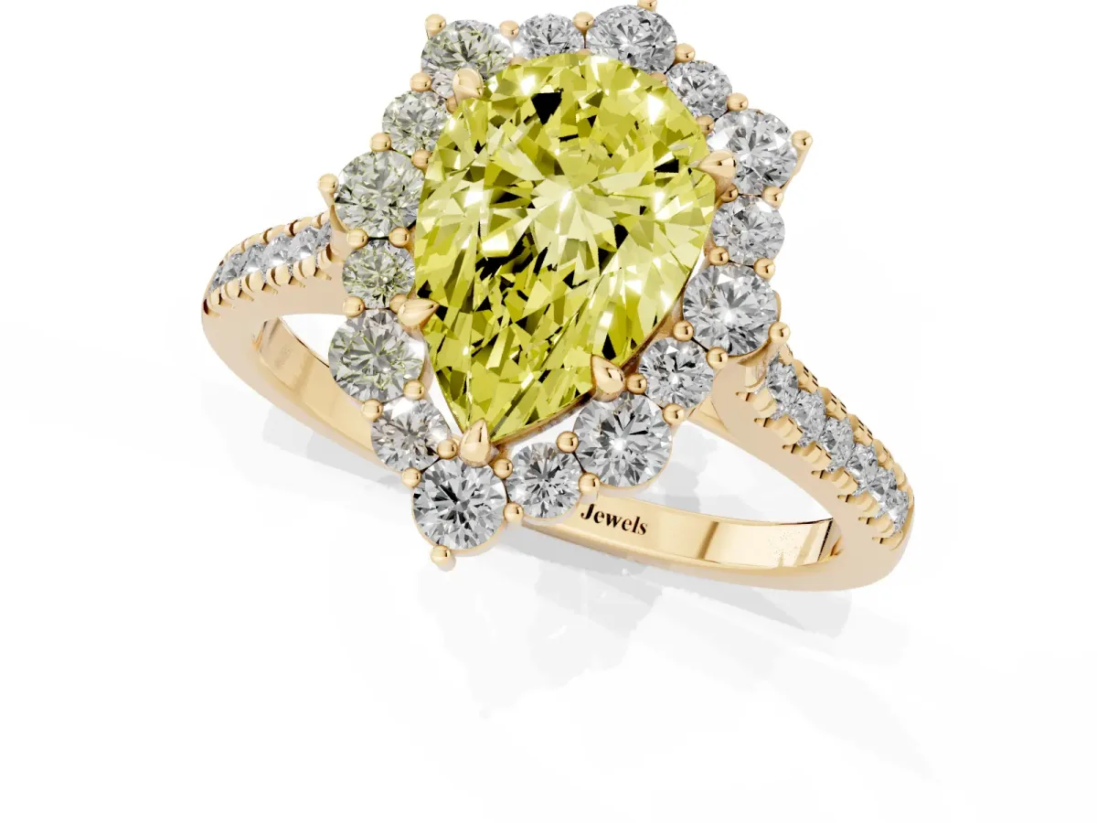 Fancy Yellow Pear Cut Halo Diamond Ring with Pavé Band and Prong Setting Yellow gold