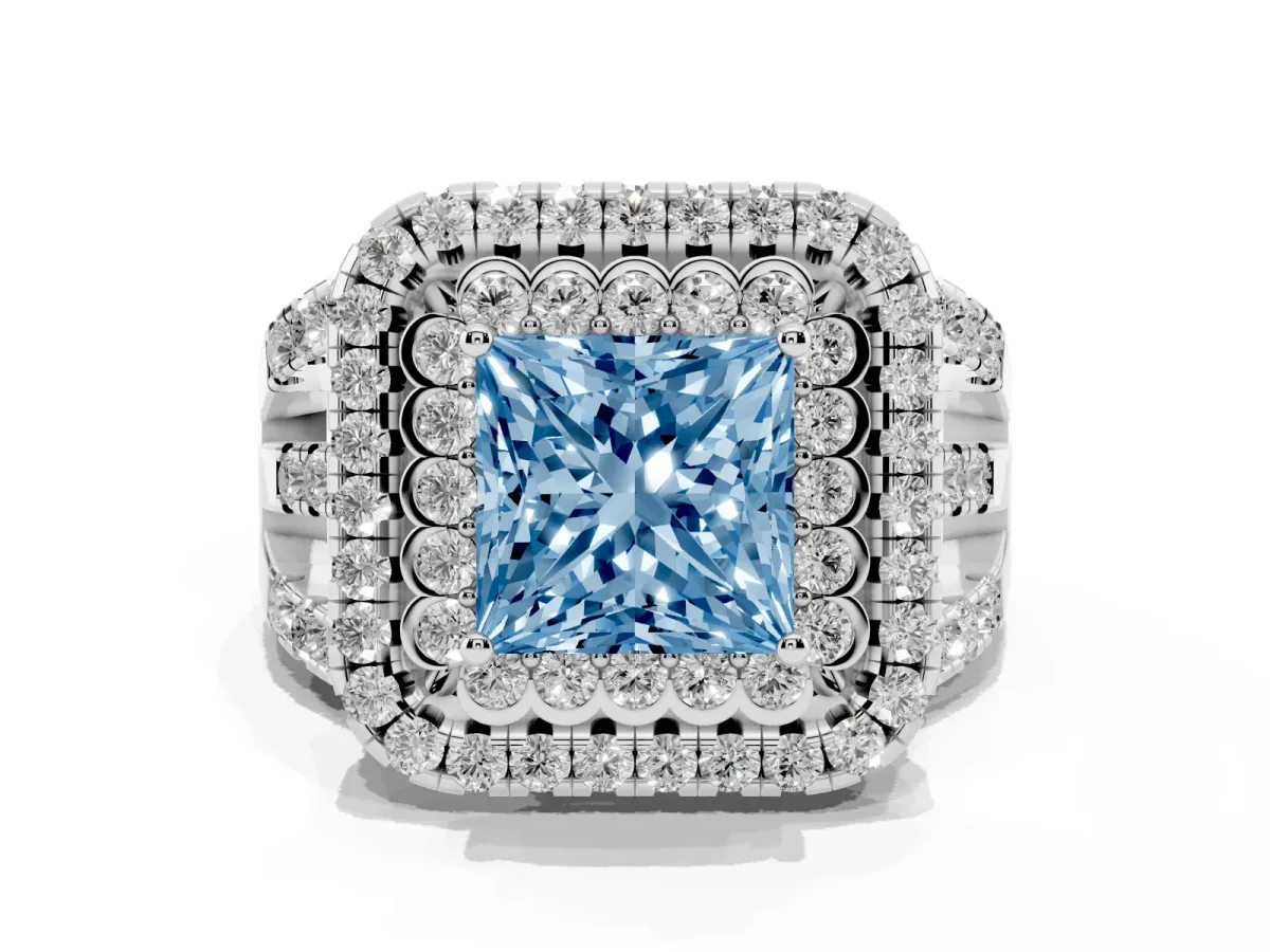 Fancy Blue Princess Cut Diamond Double Halo Ring with Round Pavé Split Shank and Prong Setting Silver
