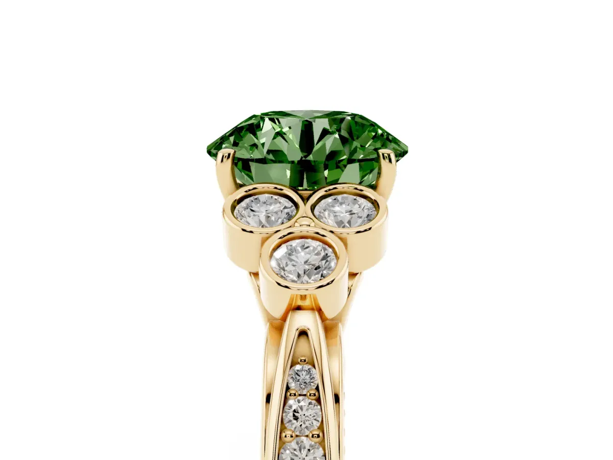 Fancy Green Round Cut Cut Diamond Engagement Ring with Bezel Set Round Side Stones and Prong Setting Yellow gold