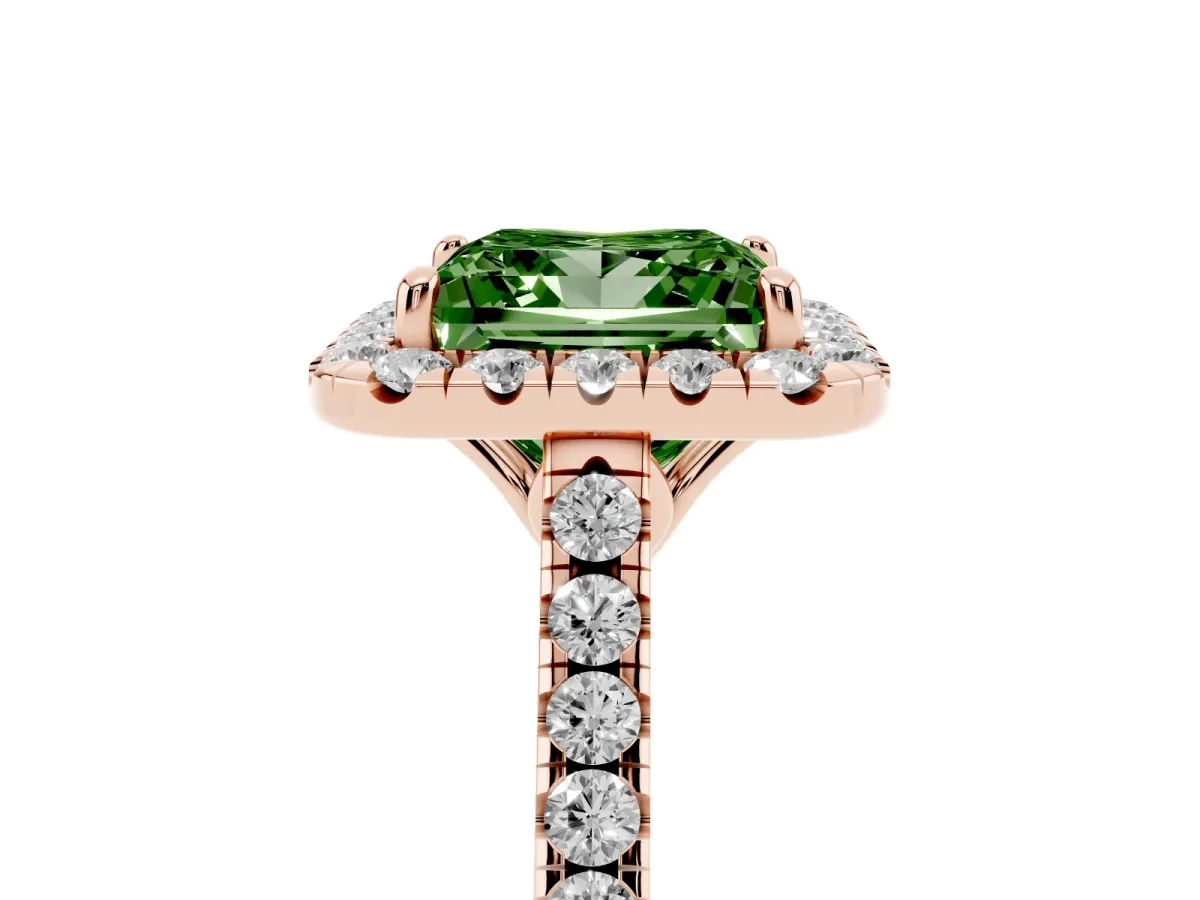 Fancy Green Princess Cut Halo Pavé Diamond Engagement Ring with Four-Prong Setting Rose gold