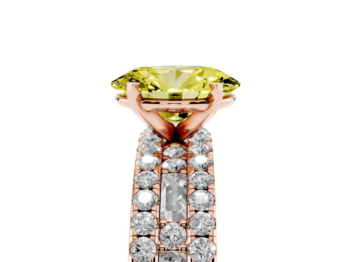 Fancy Yellow Oval Cut Diamond Solitaire Ring with Pavé and Channel Set Band Rose gold