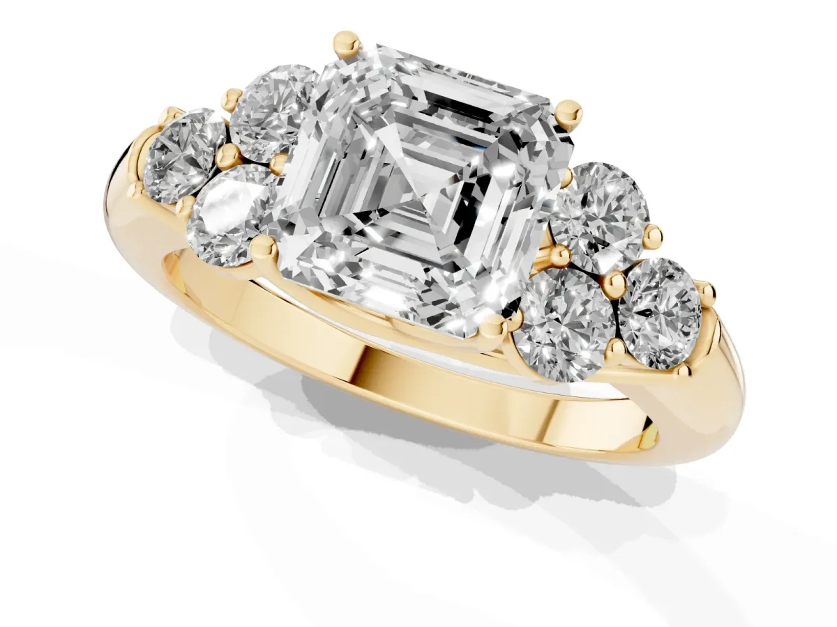 Asscher Cut Cut Diamond Cluster Ring with Round Accent Stones and Prong Setting on a Classic Band Yellow gold