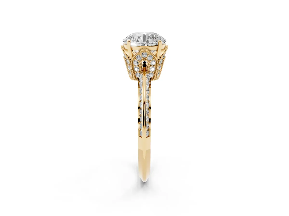 Round Cut Solitaire Split Shank Pave Diamond Engagement Ring with Four-Prong Setting Yellow gold