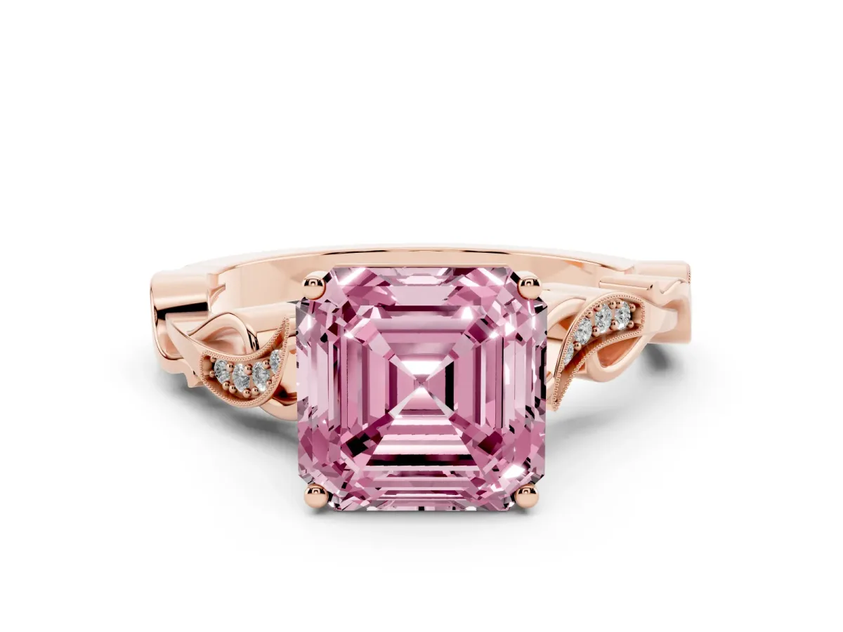 Fancy Pink Asscher Cut Solitaire Vine Band with Milgrain Prong Setting Rose gold