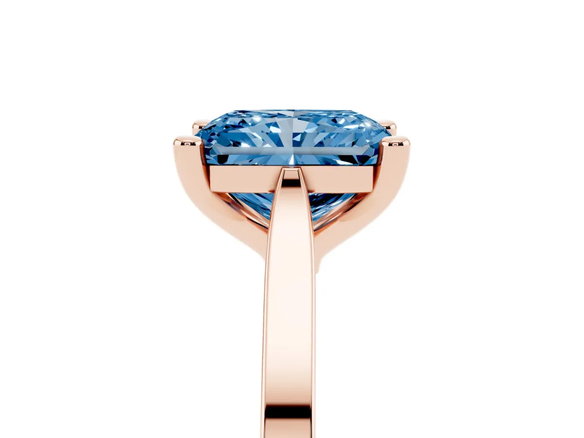 Fancy Blue Radiant Cut Solitaire Diamond Ring with Four-Prong Setting and Tapered Band Rose gold