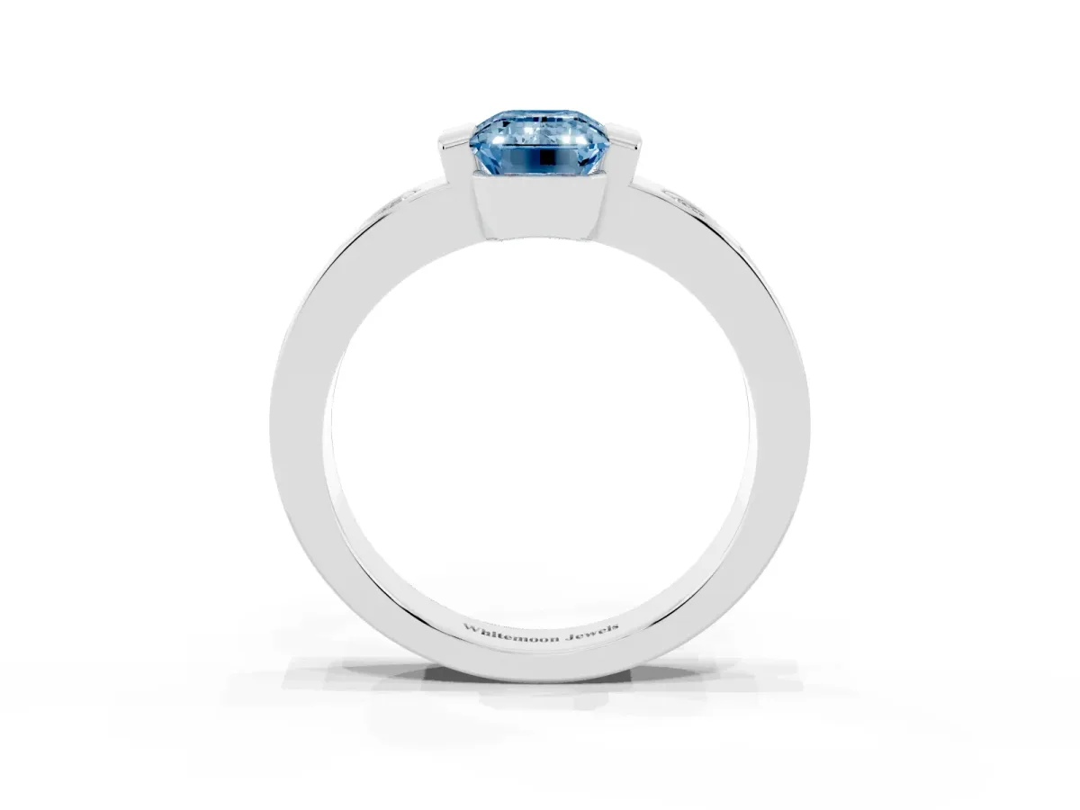 Fancy Blue Emerald Cut Brilliant Channel-Set Diamond Ring with Bezel Prong Setting Silver