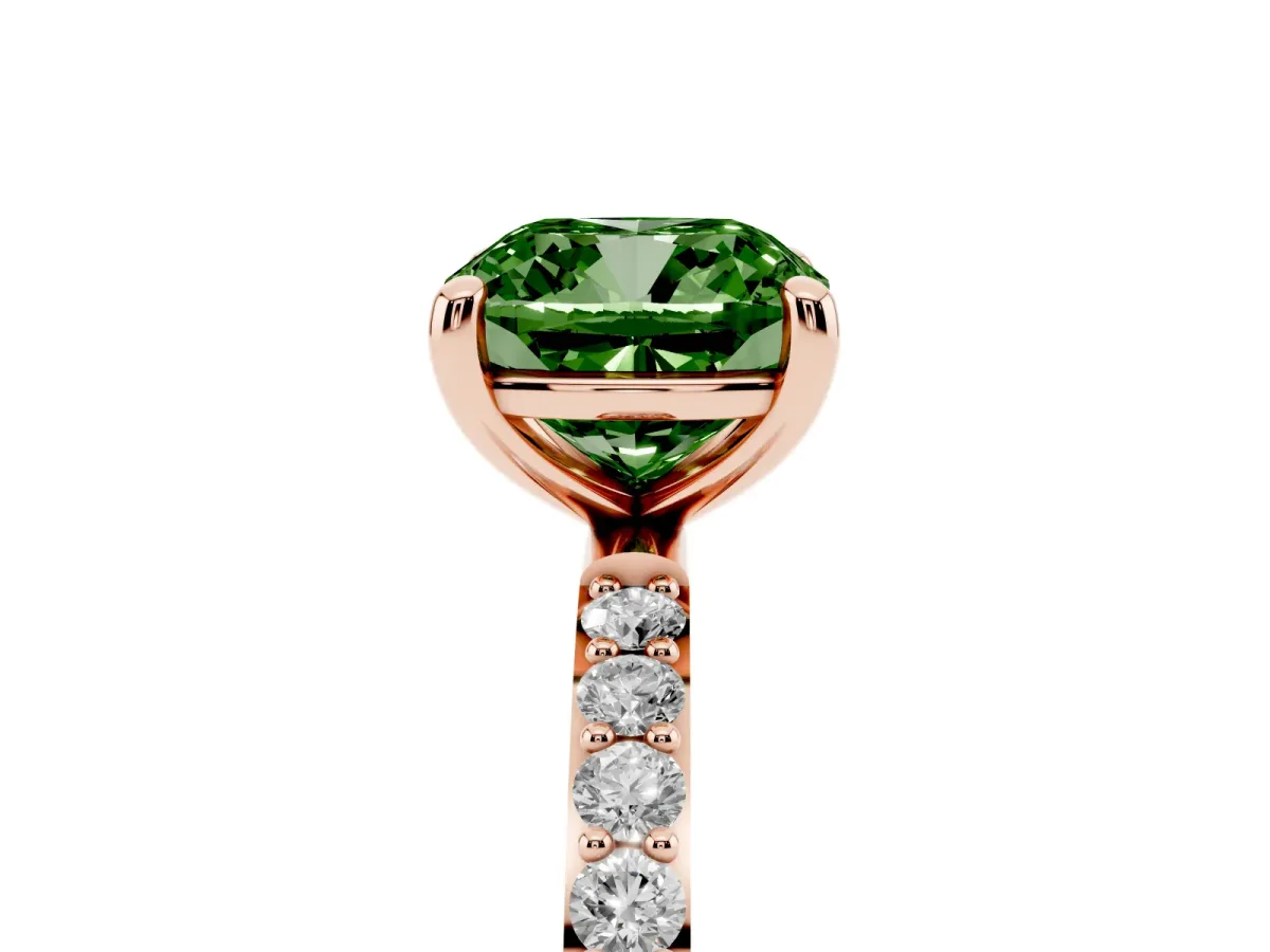 Fancy Green Cushion Cut Diamond Solitaire Ring with Round Pavé Band and Prong Setting Rose gold