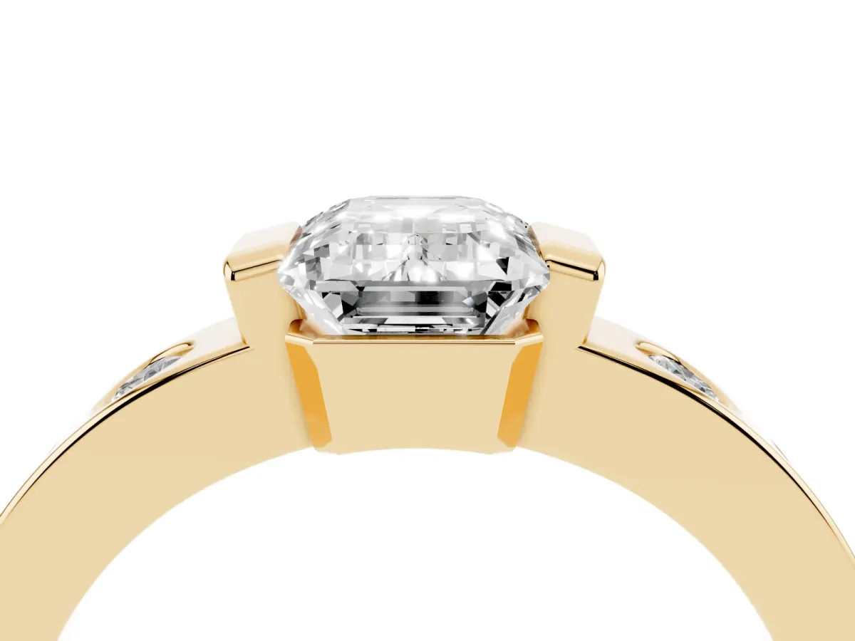 Emerald Cut Brilliant Channel-Set Diamond Ring with Bezel Prong Setting Yellow gold