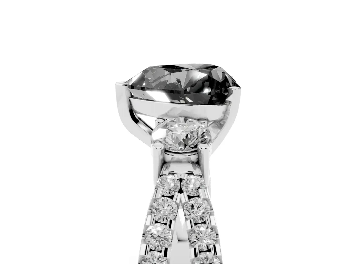 Fancy Black Heart Cut Diamond Three-Stone Ring with Pavé Split Shank and Four-Prong Setting Silver