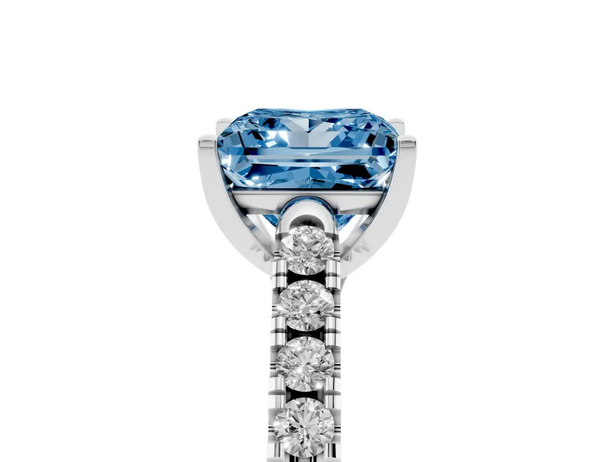Fancy Blue Princess Cut Diamond Pavé Band Solitaire Ring with Prong Setting Silver