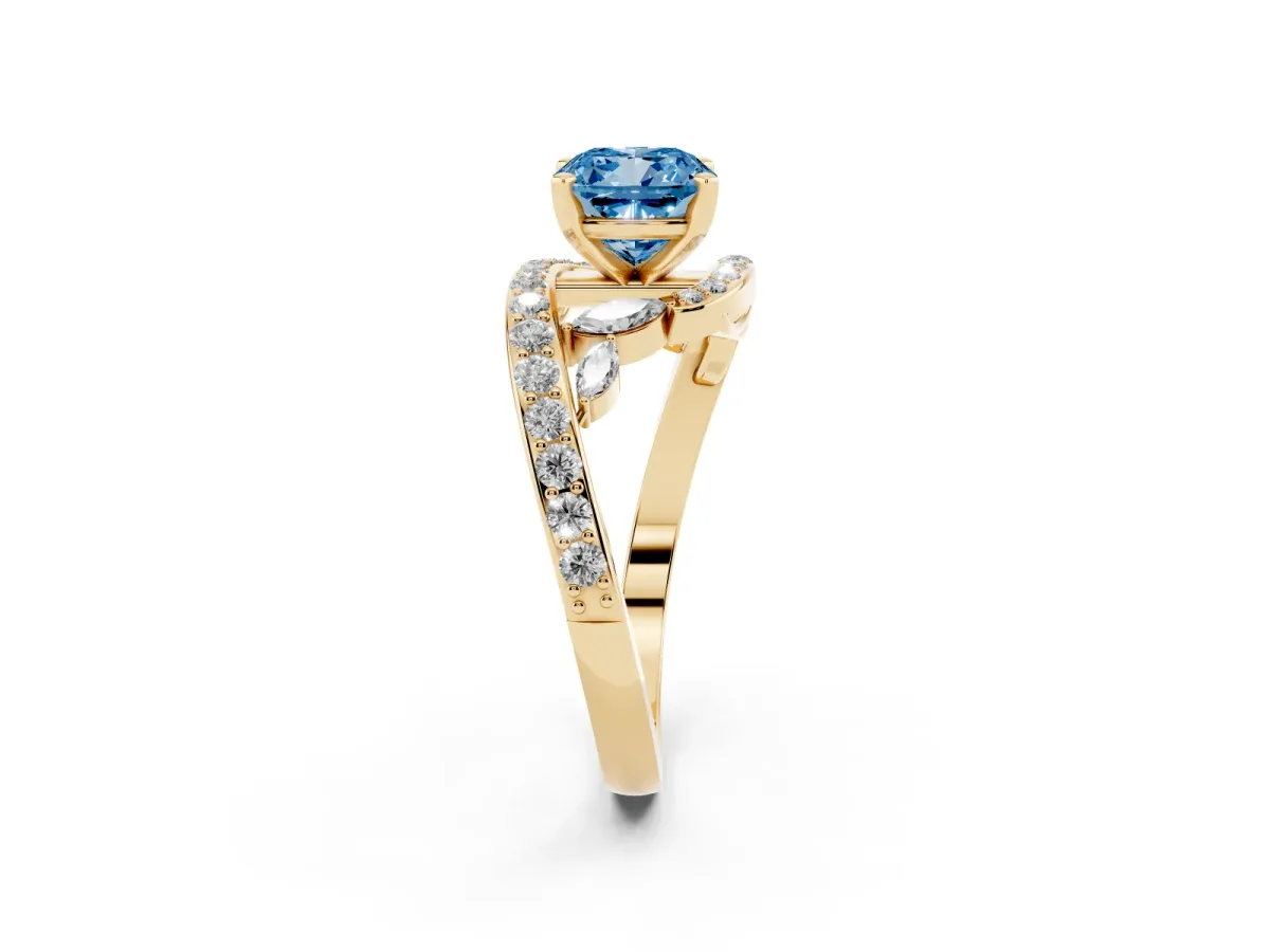 Fancy Blue Cushion Cut Solitaire with Pavé Twist Band and Four-Prong Setting Yellow gold