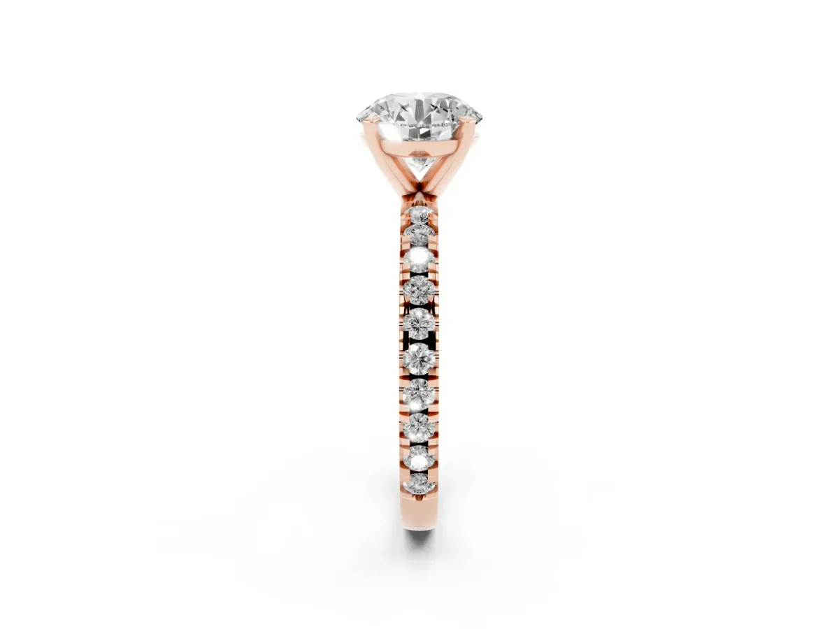 Round Cut Diamond Pavé Band Solitaire with Four-Prong Setting Rose gold