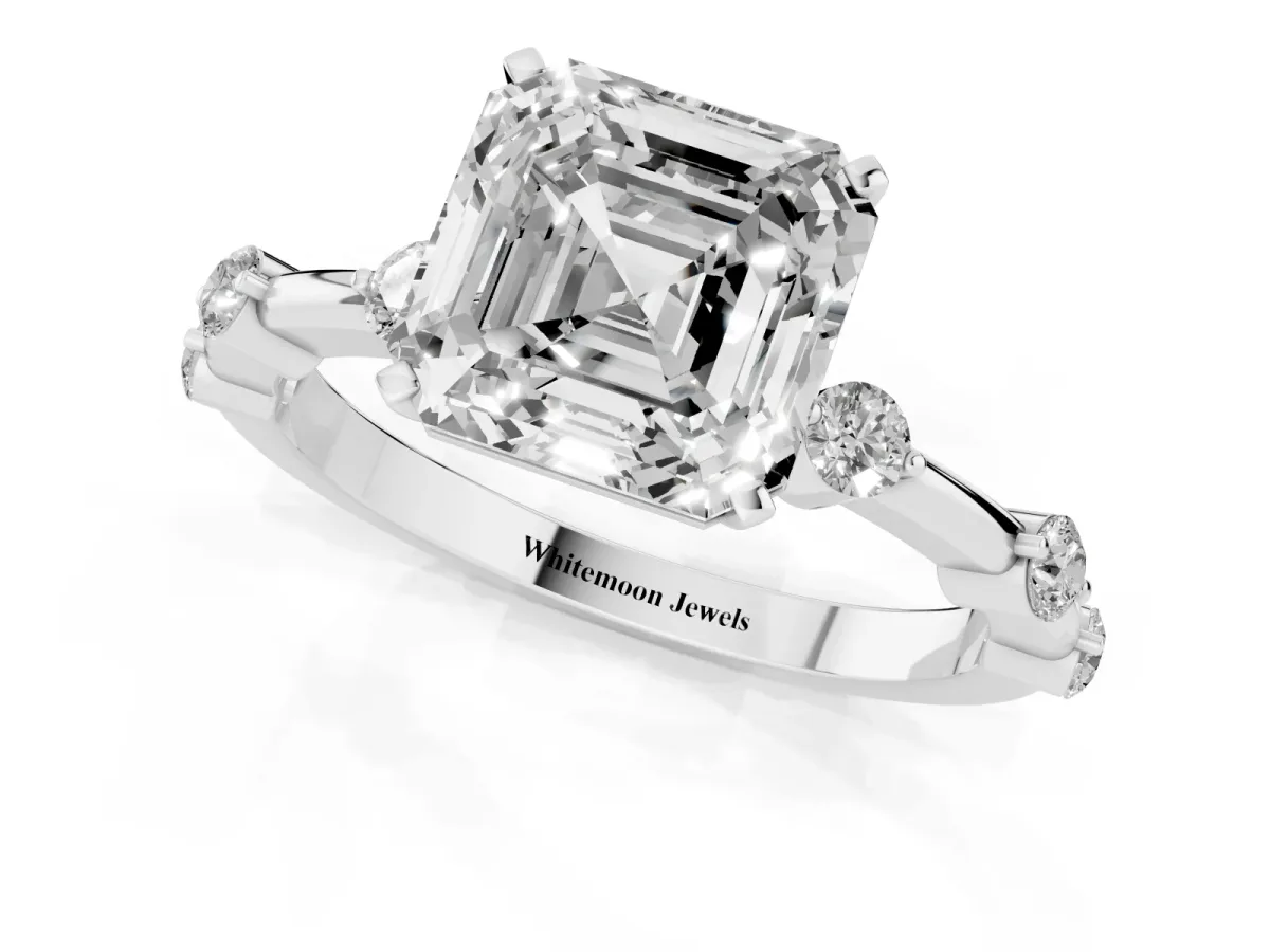 Asscher Cut Solitaire Diamond Ring with Bezel Set Side Stones and Prong Setting Platinum