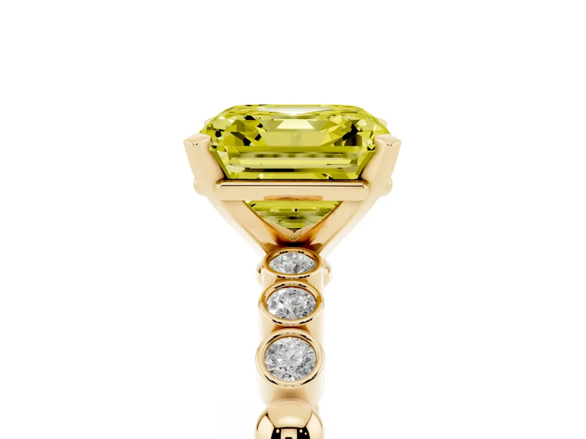 Fancy Yellow Asscher Cut Solitaire Bezel Accent Diamond Engagement Ring with Beaded Band and Four-Prong Setting Yellow gold