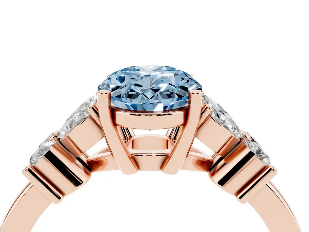 Fancy Blue Oval Cut Diamond Floral Cluster Ring with Solitaire Band and Prong Setting Rose gold