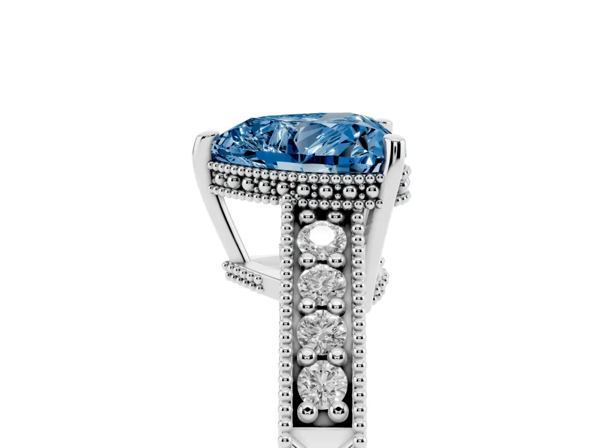 Fancy Blue Heart Cut Solitaire Pavé Diamond Milgrain Engagement Ring with Four-Prong Setting Silver
