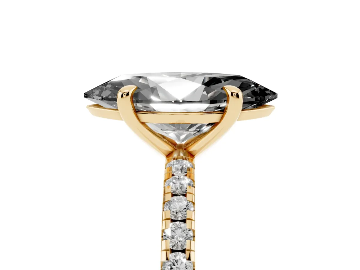 Fancy Black Marquise Cut Diamond Brilliant Solitaire Ring with Pavé Band and Four-Prong Setting Yellow gold
