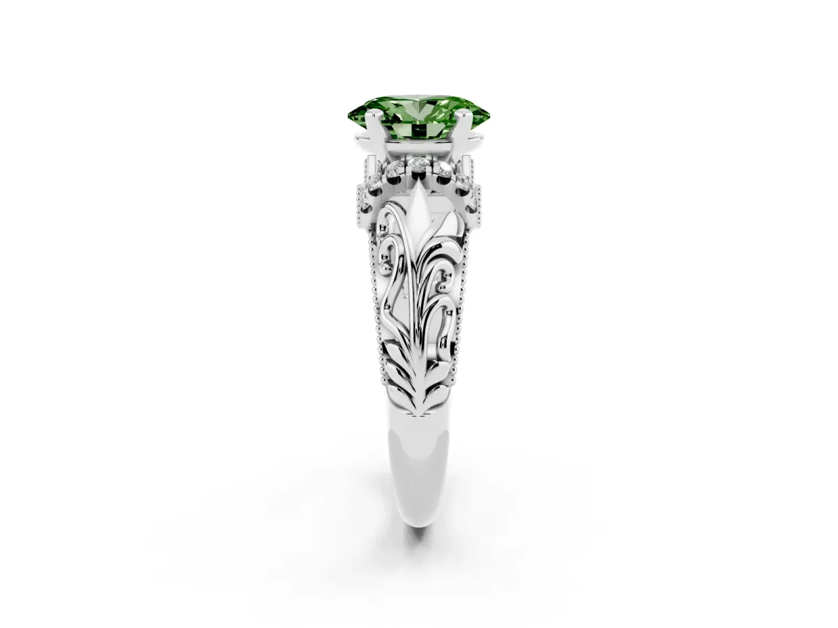 Fancy Green Oval Cut Solitaire Filigree Engagement Ring with Halo and Prong Setting Silver