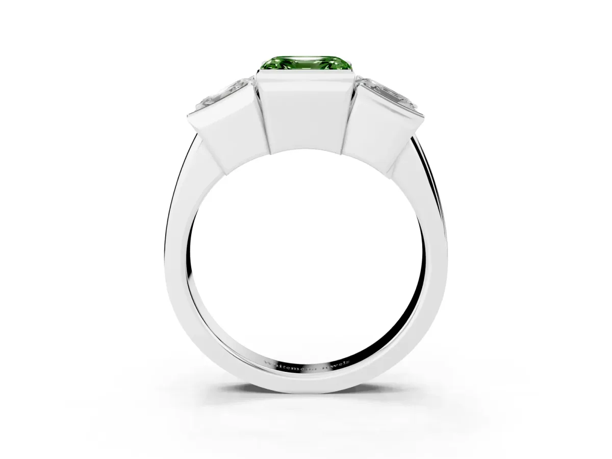Fancy Green Three Stone Asscher Cut Cut Channel Set Diamond Ring Silver
