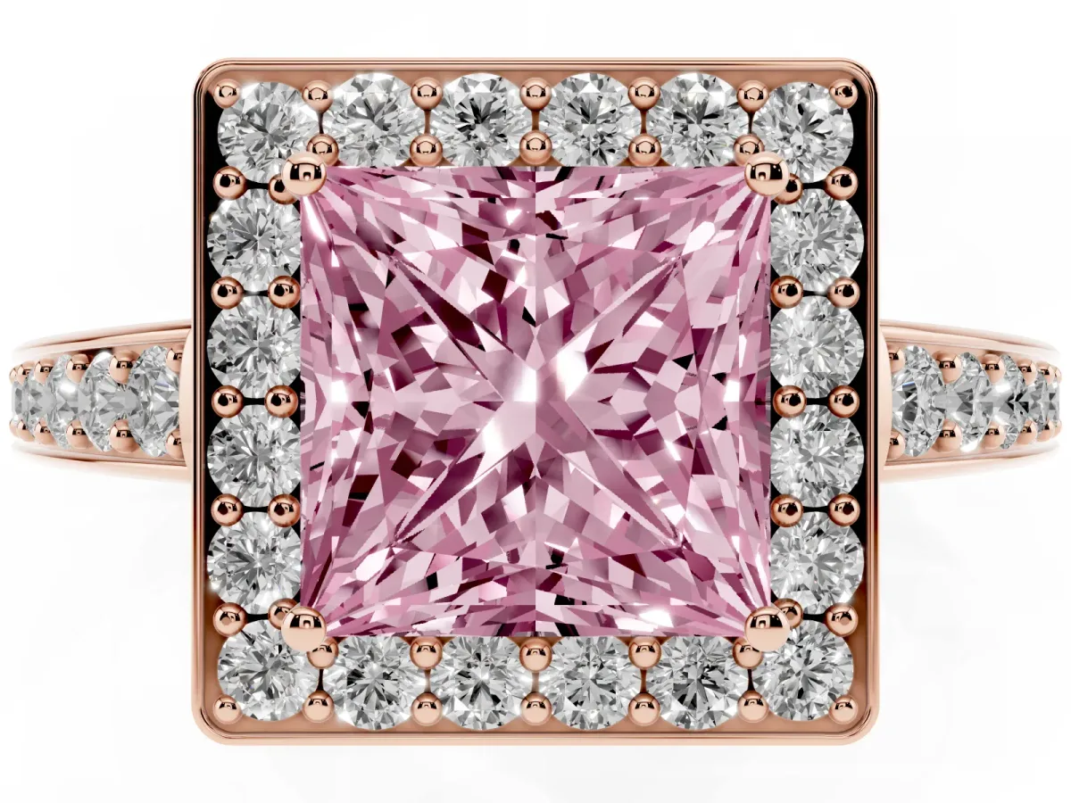 Fancy Pink Princess Cut Halo Pavé Diamond Engagement Ring with Bezel Setting Rose gold