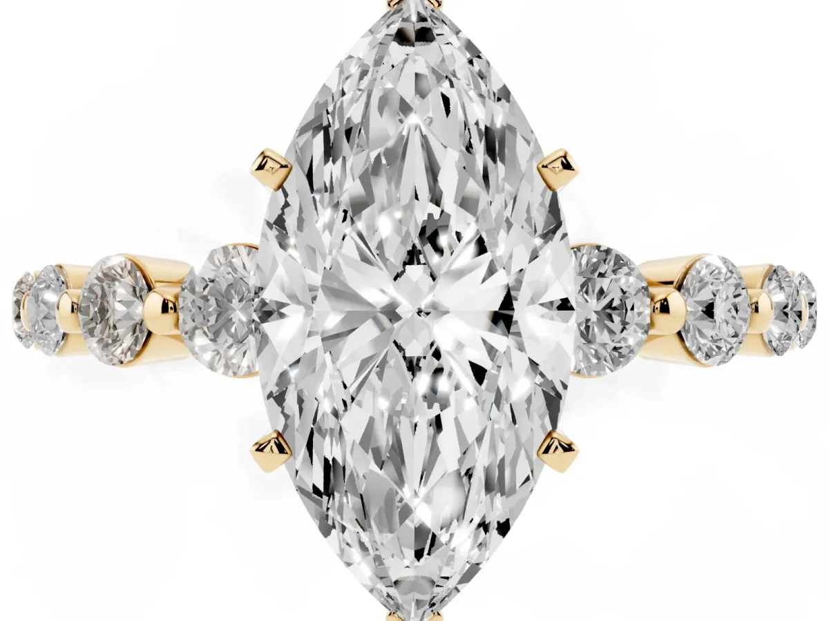 Marquise Cut Solitaire Diamond Ring with Pave Band and Four-Prong Setting Yellow gold
