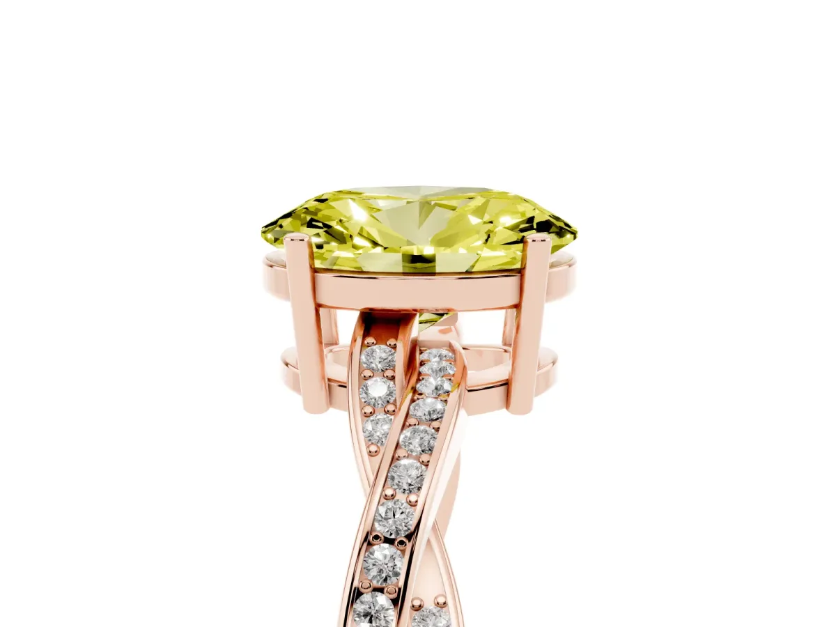 Fancy Yellow Oval Cut Solitaire Twisted Pave Diamond Ring with Four-Prong Setting Rose gold