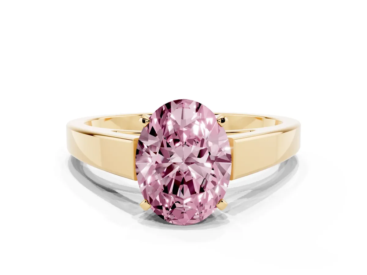 Fancy Pink Oval Cut Solitaire Engagement Ring with Four-Prong Setting and Tapered Band Yellow gold