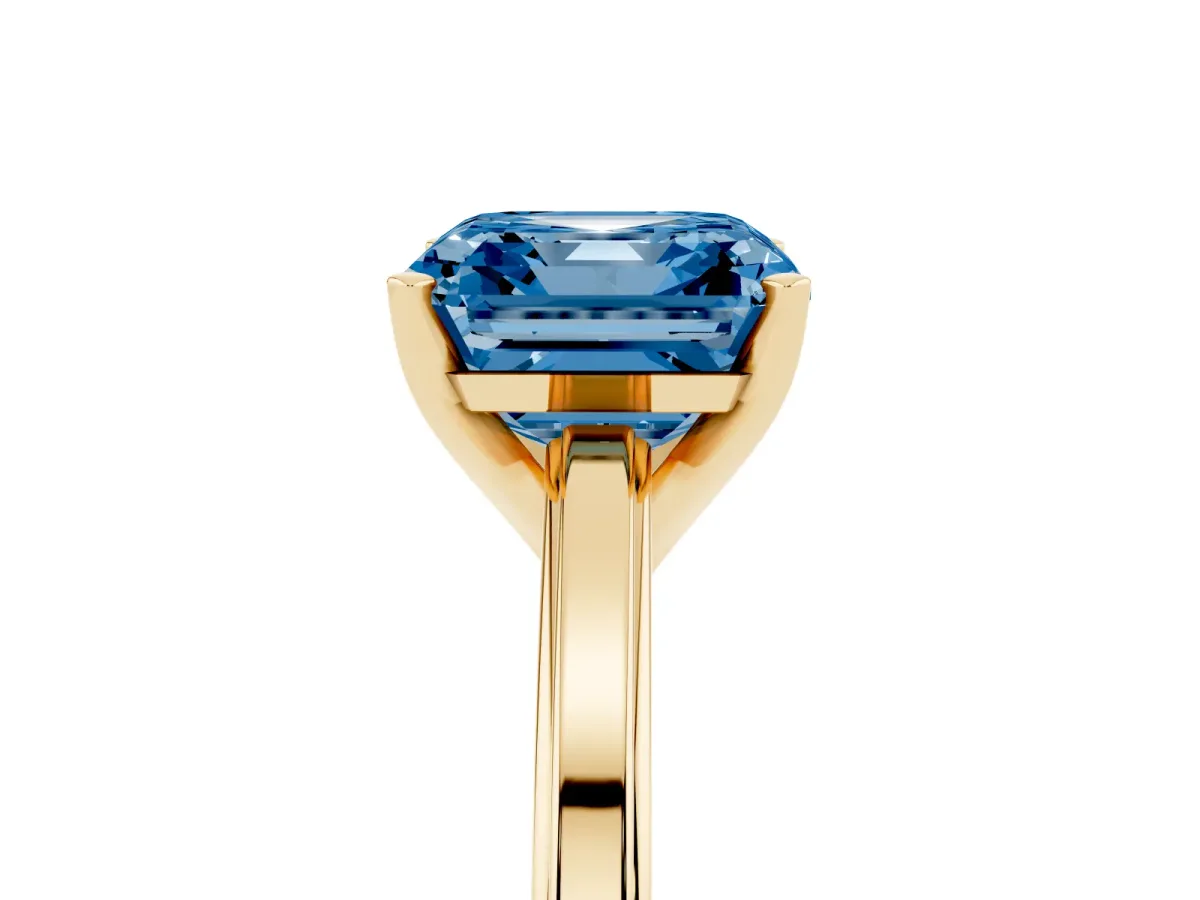 Fancy Blue Asscher Cut Solitaire Diamond Ring with Four-Prong Setting and Classic Band Yellow gold