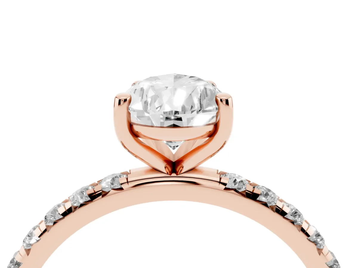 Pear Cut Cut Diamond Solitaire Ring with Micro Pave Band and Four Prong Setting Rose gold