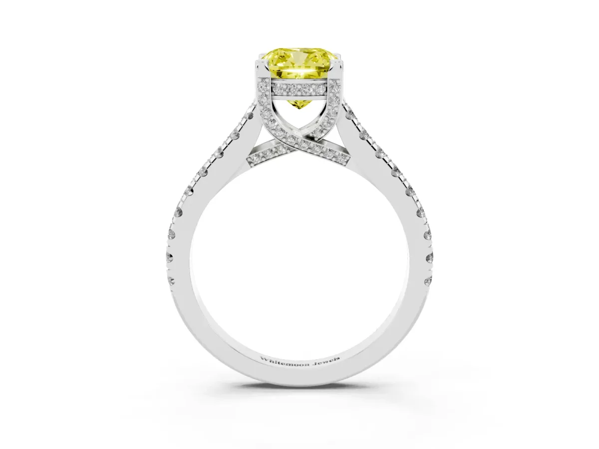Fancy Yellow Cushion Cut Brilliant Diamond Solitaire with Pavé Band and Four-Prong Setting White gold
