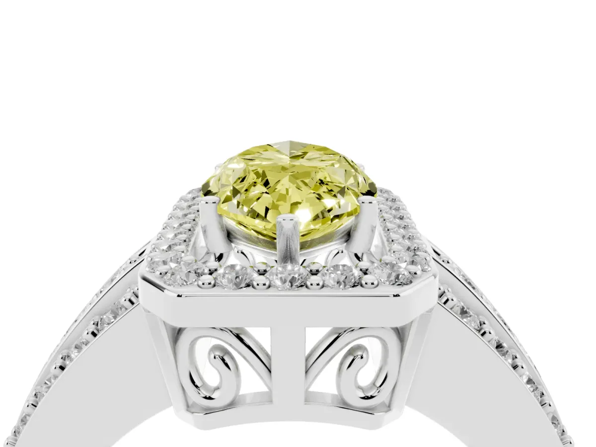Fancy Yellow Marquise Cut Halo Diamond Ring with Round Split Shank and Prong Setting Silver
