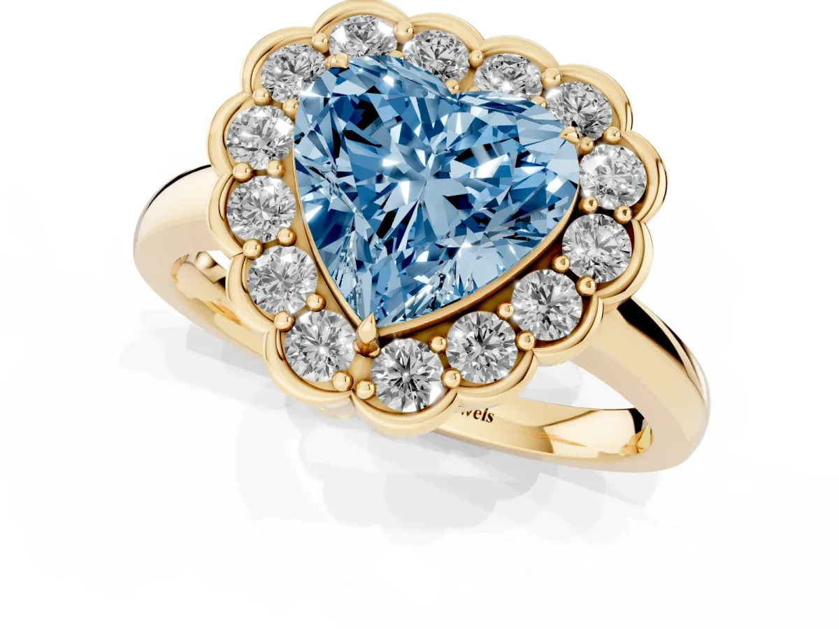 Fancy Blue Heart Cut Halo Cluster Diamond Engagement Ring with Solitaire Band and Prong Setting Yellow gold