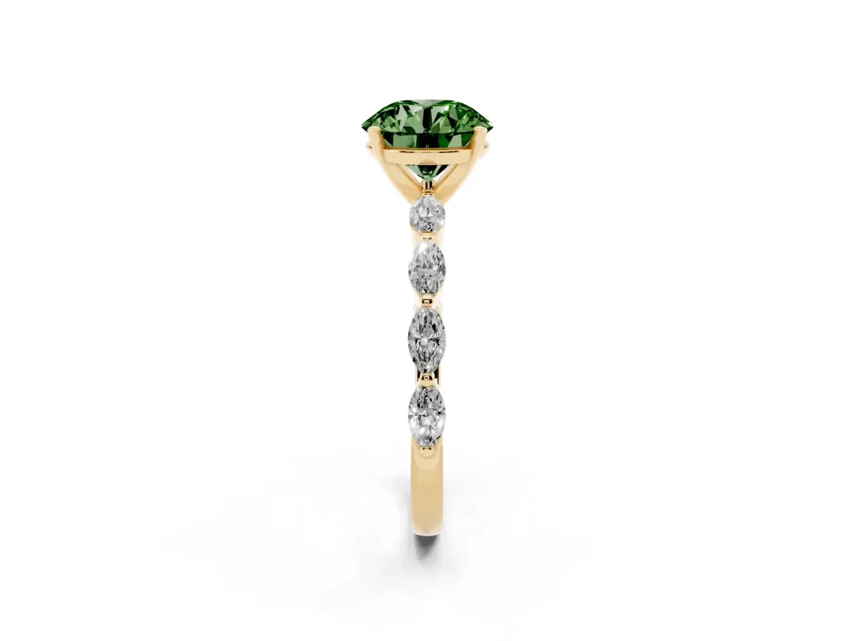 Fancy Green Round Cut Diamond Ring with Marquise Side Stones and Prong Setting Yellow gold
